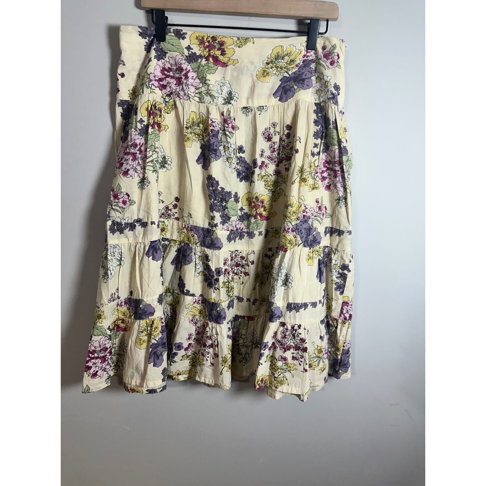 H&M Womens Floral Tiered Midi Skirt Size 8 Cotton Cottagecore Boho Cream Pink